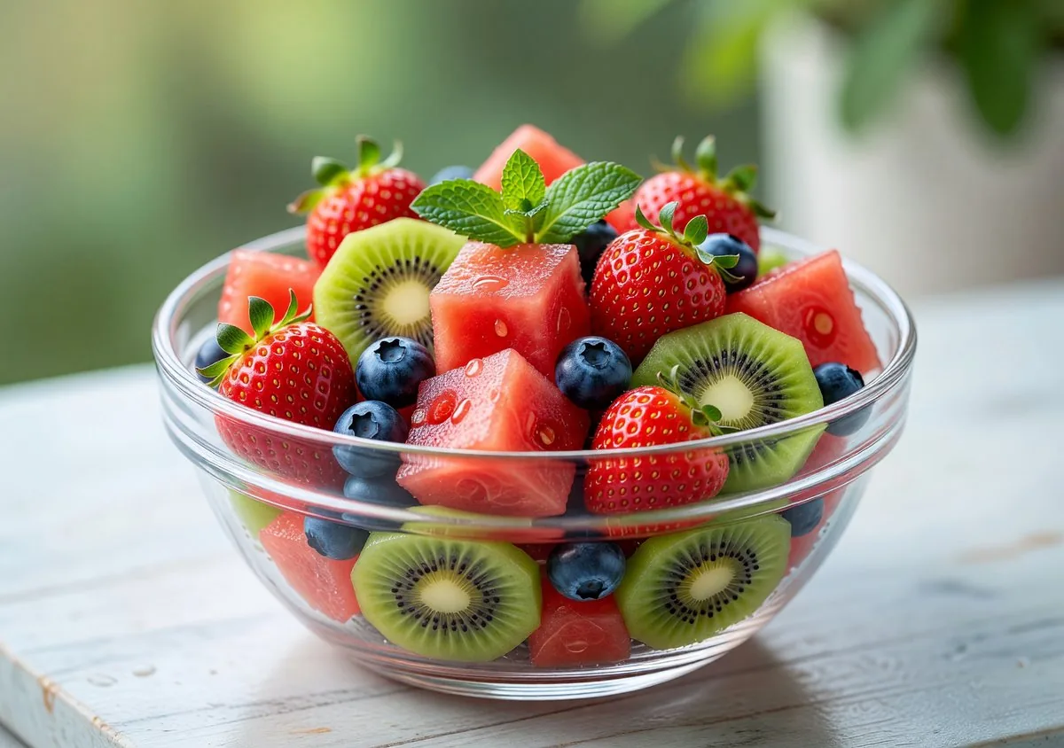 Colourful fresh fruit salad in a bowl