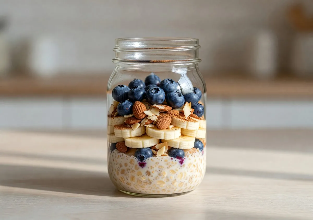 Overnight oats in a jar with fruit and seeds