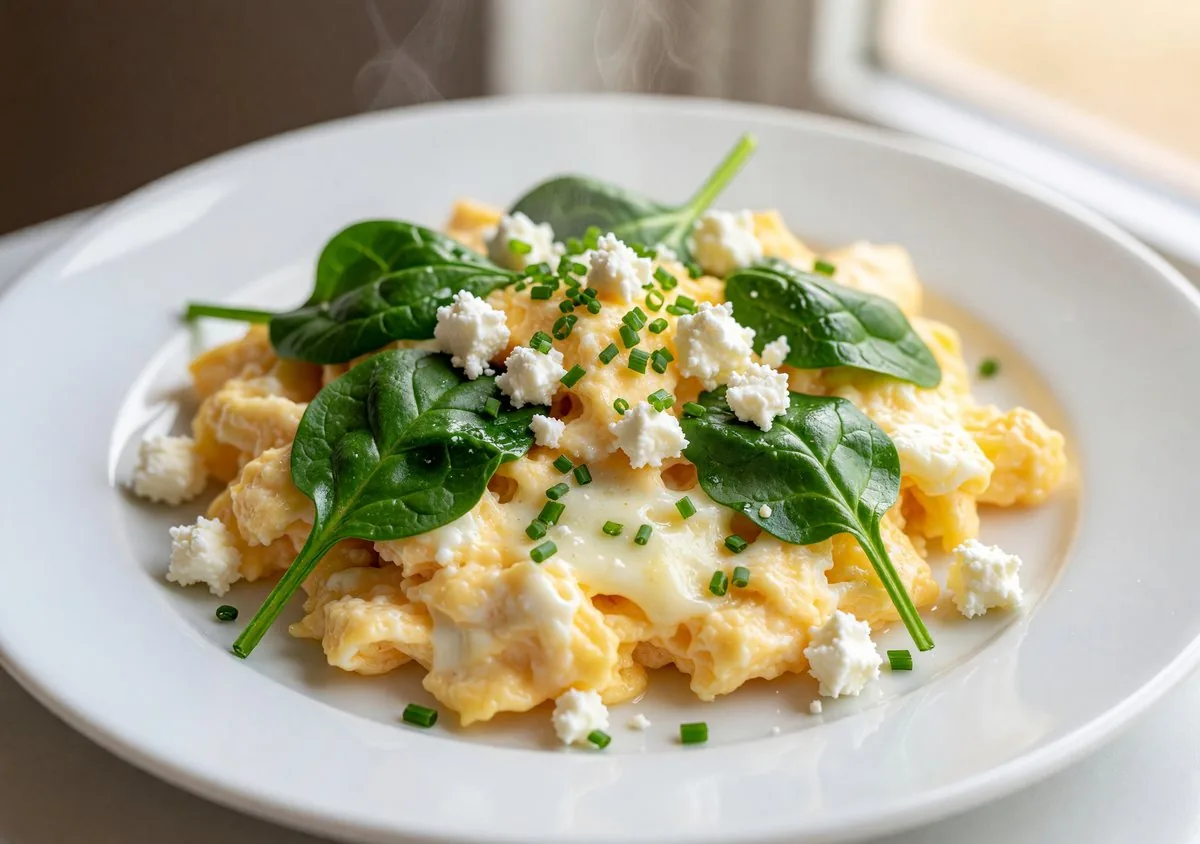 Fluffy scrambled eggs on a plate with toast