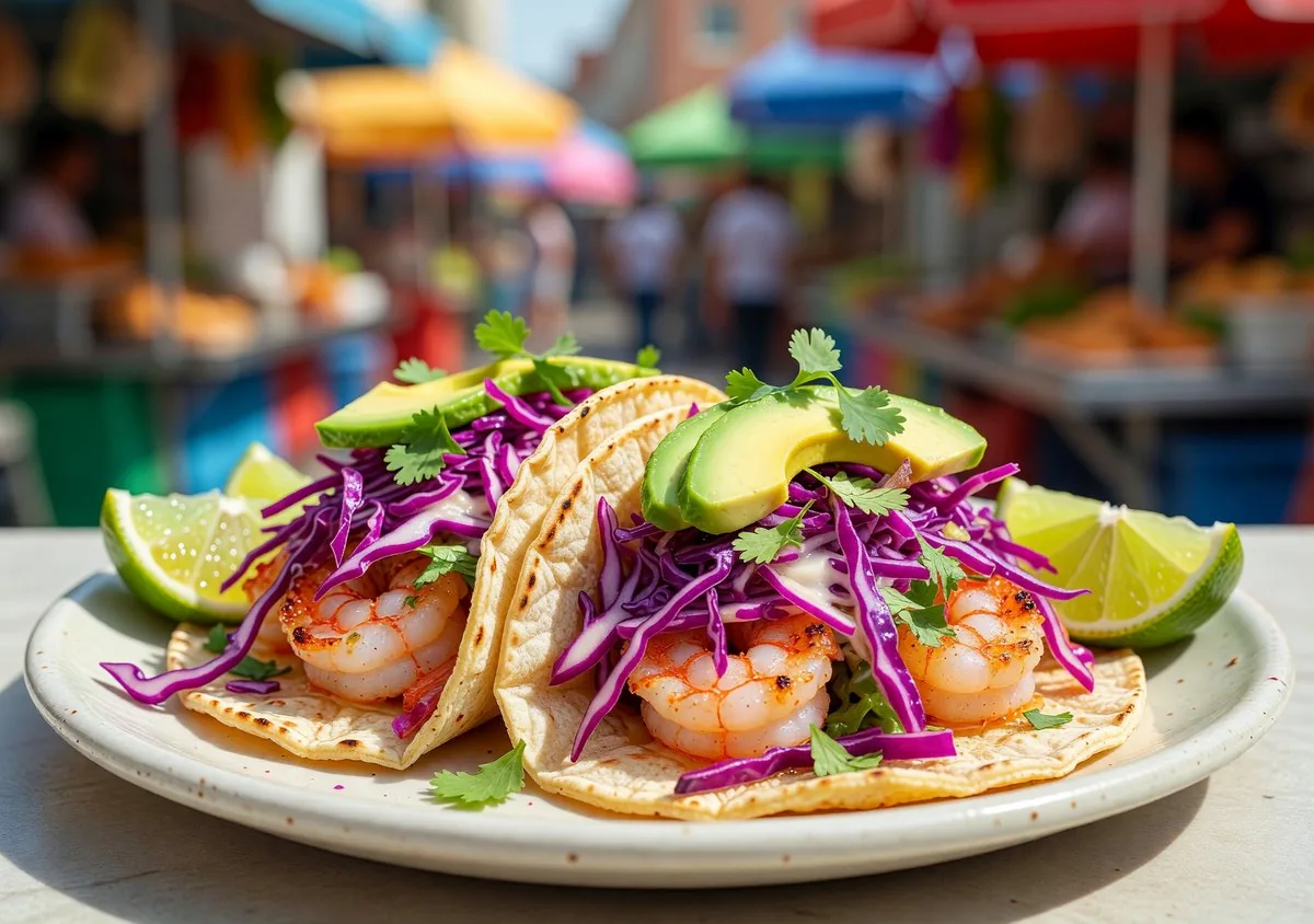 Shrimp tacos with fresh toppings on soft tortillas