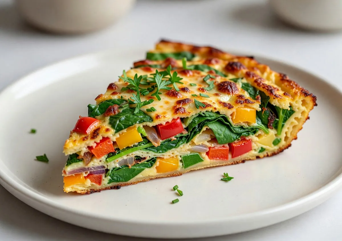 Baked vegetable frittata sliced in a pan